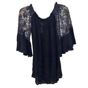 BOHO Black Women's Gauzy Bohemian Flutter Lace Sleeves Size Medium NWT